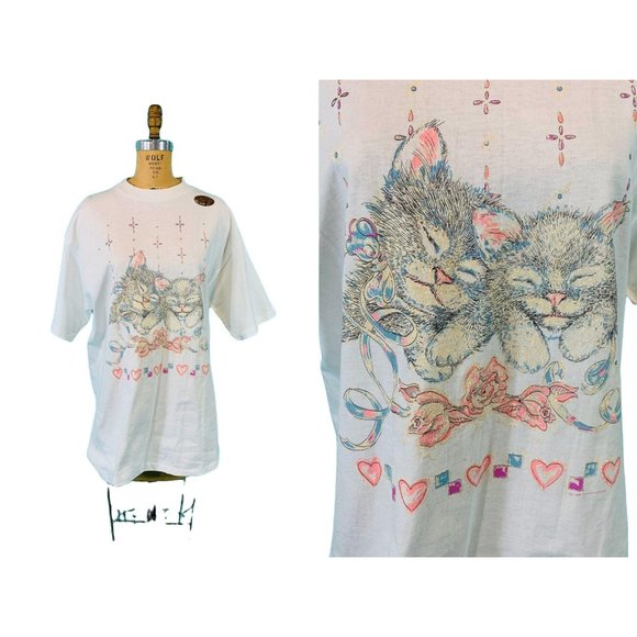 Vintage 90s Kitten Tee Womens XL DEADSTOCK Diamond Dust Graphic T Shirt - Picture 1 of 10